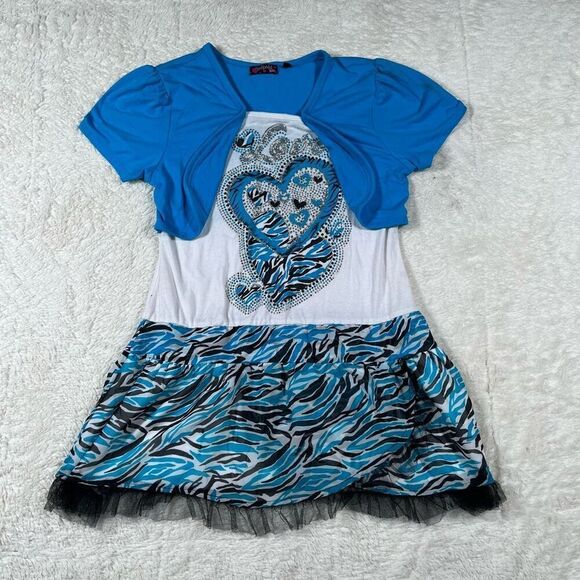 Vintage Y2K Tempted USA Zebra Print Bling Mini Dress - Picture 1 of 6